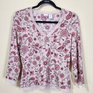 Vintage Y2K No Boundaries Top Size 7/9 Medium Pink Semi-Sheer Mesh Floral V-Neck